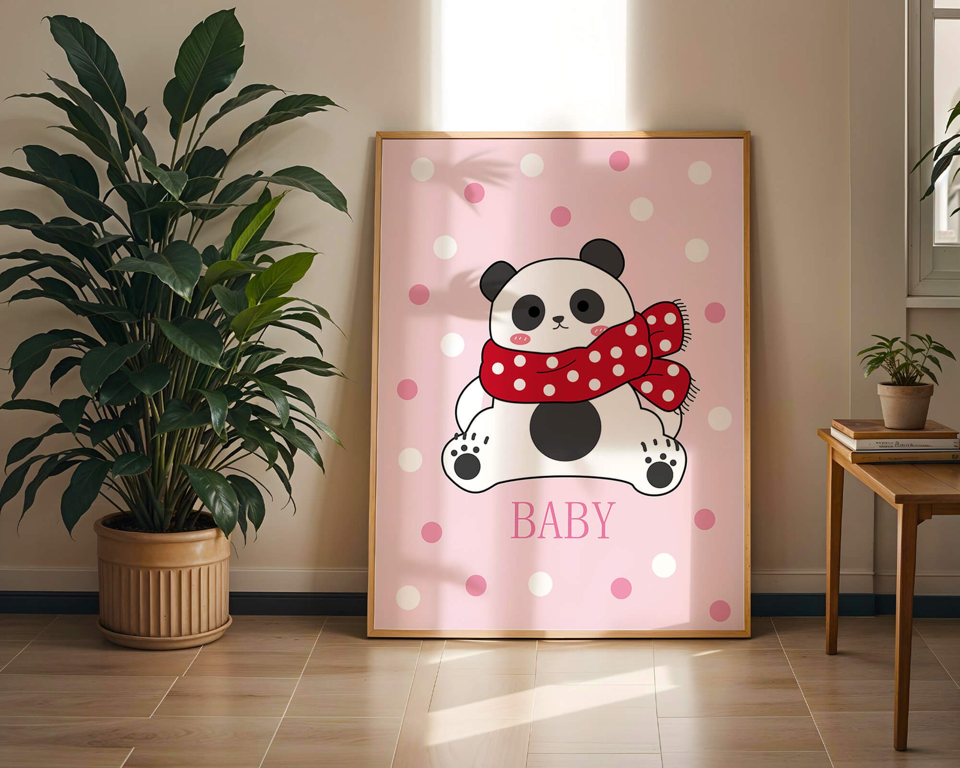 Cartoon panda with red scarf on pink polka dot background