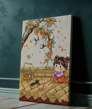 Charming illustration of a child with cats on a rooftop beneath a fruit tree