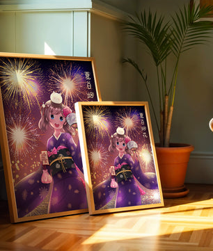 Girl in Yukata Celebrating Fireworks Festival with Cat and Fan