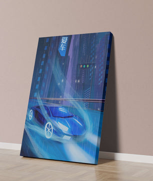 Futuristisches blaues Auto rast durch neonbeleuchtete, verregnete Stadtlandschaft
