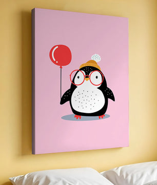 Ilustración adorable de un pingüino con globo y gafas