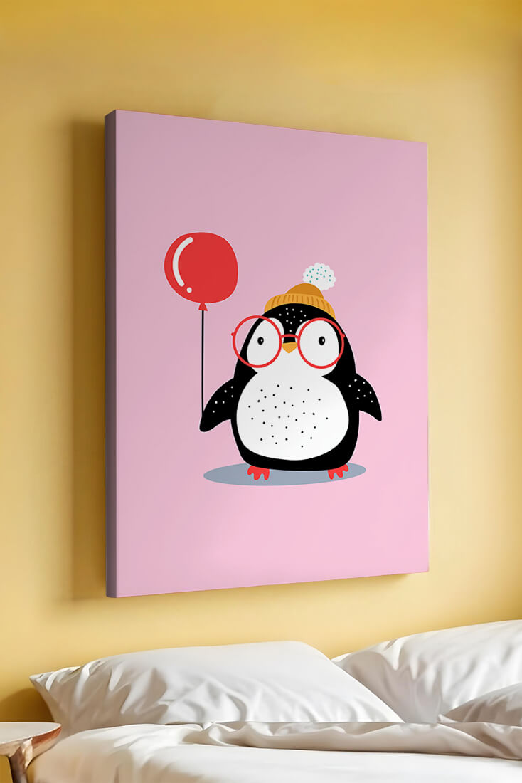 Adorable penguin with balloon and glasses illustration