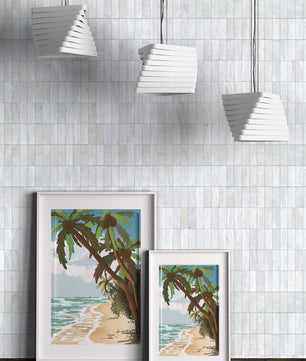 Tranquil Beach Scene with Palm Trees and Sailboats