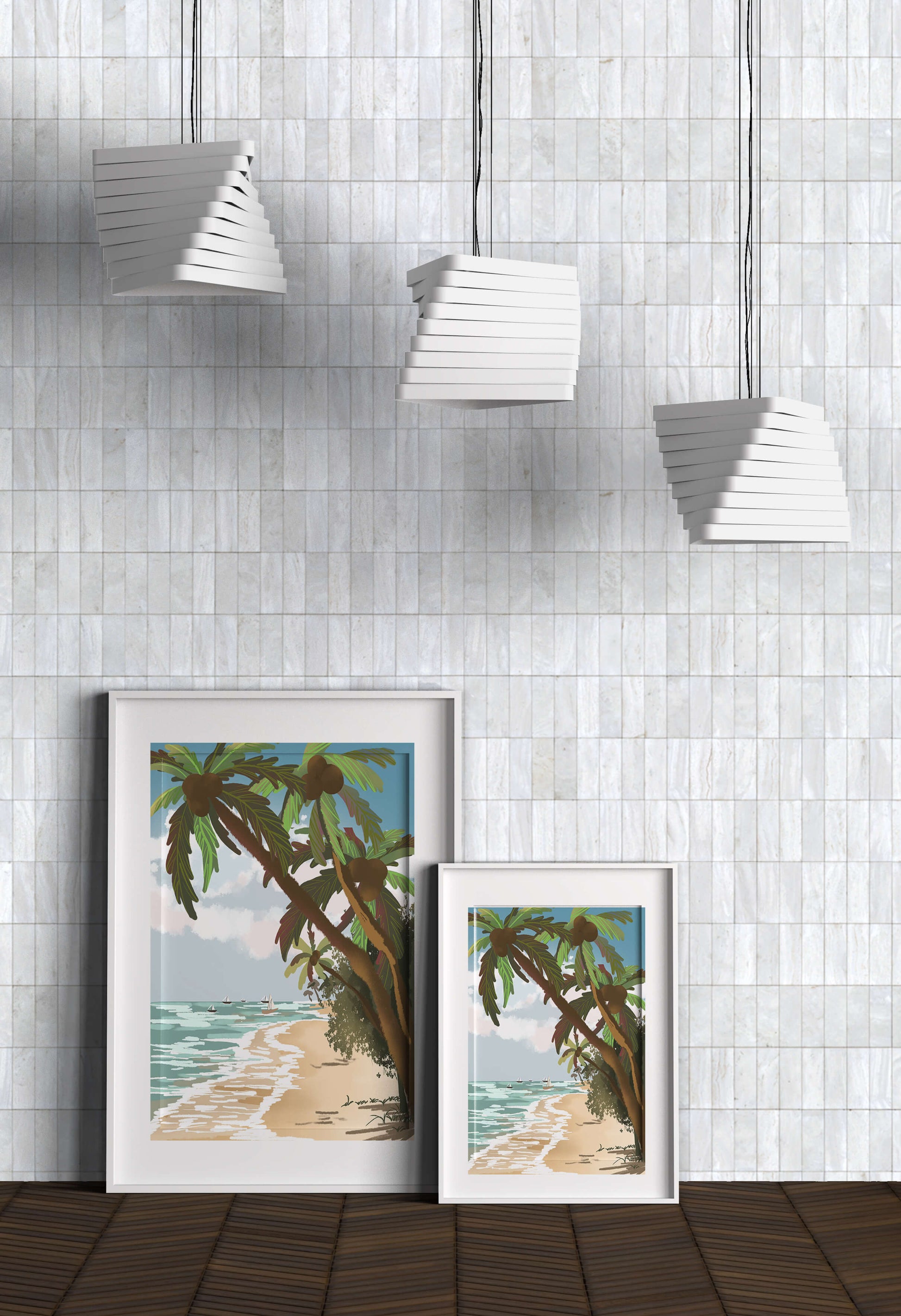 Tranquil Beach Scene with Palm Trees and Sailboats