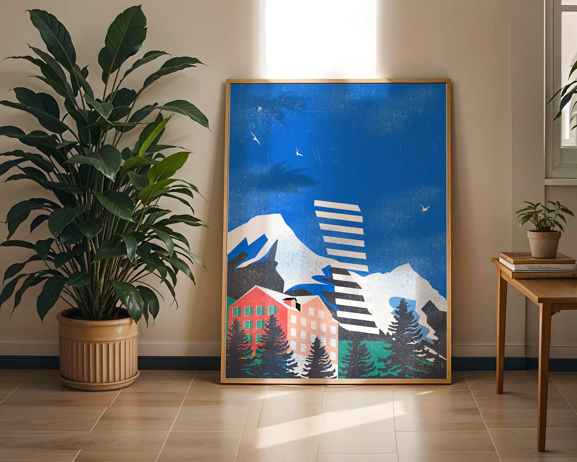 Mountain Resort in a Vibrant Landscape with Blue Sky and Birds