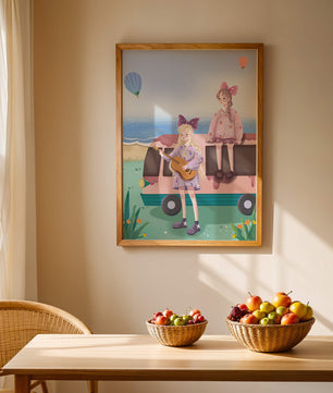 Serene beach scene with whimsical characters and hot air balloons