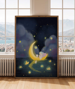 Whimsical night scene with child and cat on crescent moon