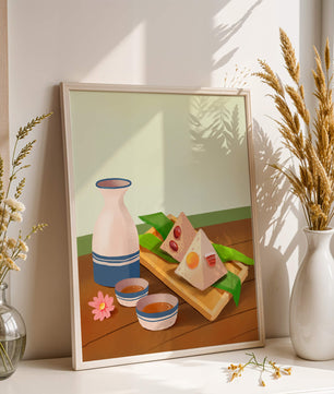 Traditional Asian rice dumplings with tea set on bamboo tray