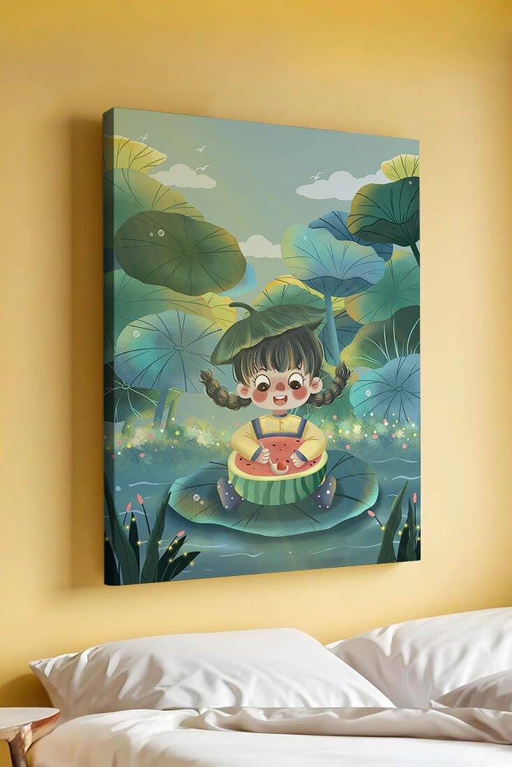 Charming illustration of a child enjoying watermelon amidst whimsical nature