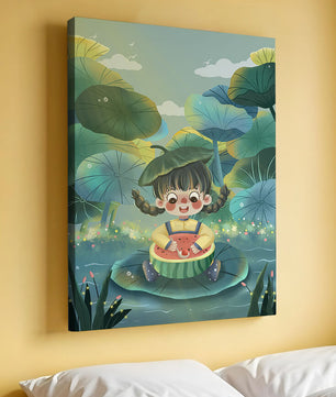Charming illustration of a child enjoying watermelon amidst whimsical nature
