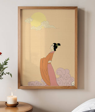 Elegant Woman in Traditional Dress with Moon and Clouds
