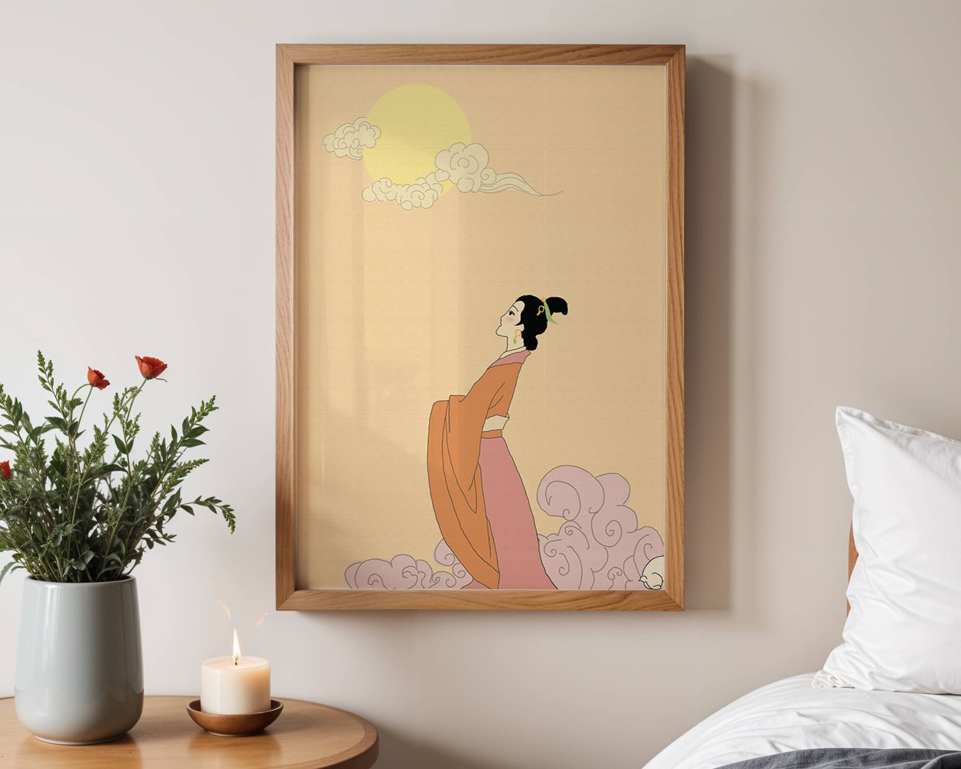 Elegant Woman in Traditional Dress with Moon and Clouds