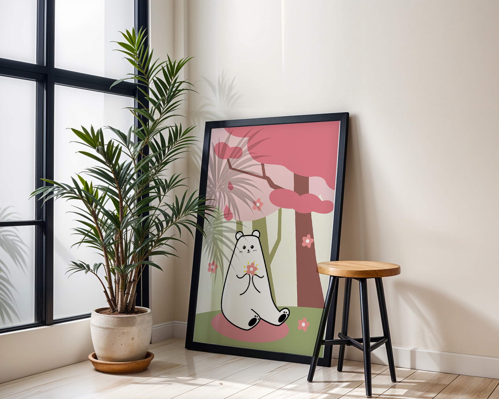 Charming bear holding flower under cherry blossom tree