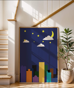 Night cityscape with colorful buildings and starry sky