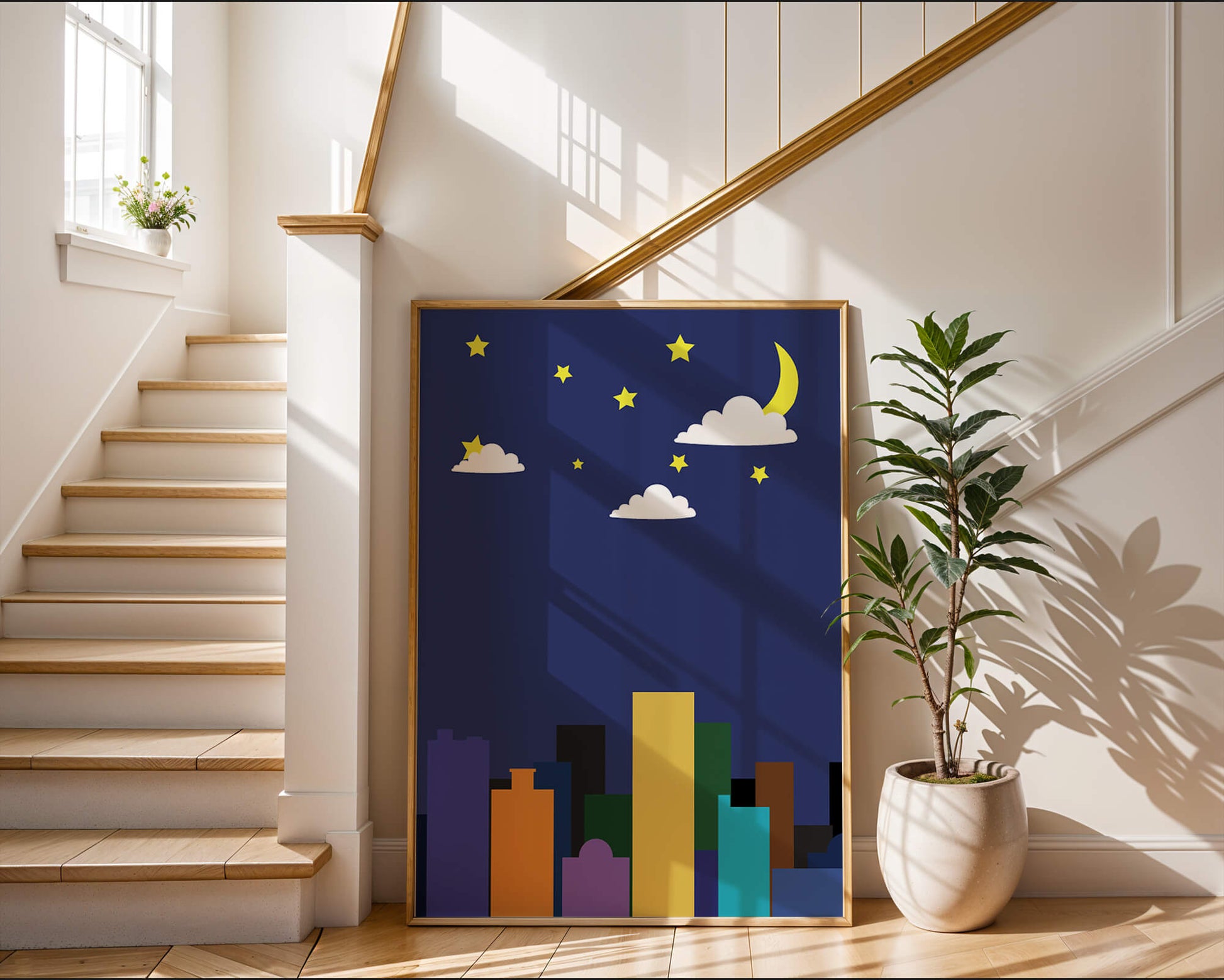 Night cityscape with colorful buildings and starry sky