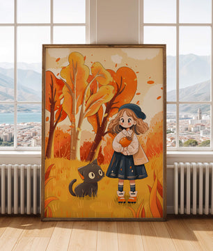 Girl with Cute Cat in Autumn Forest with Colorful Leaves