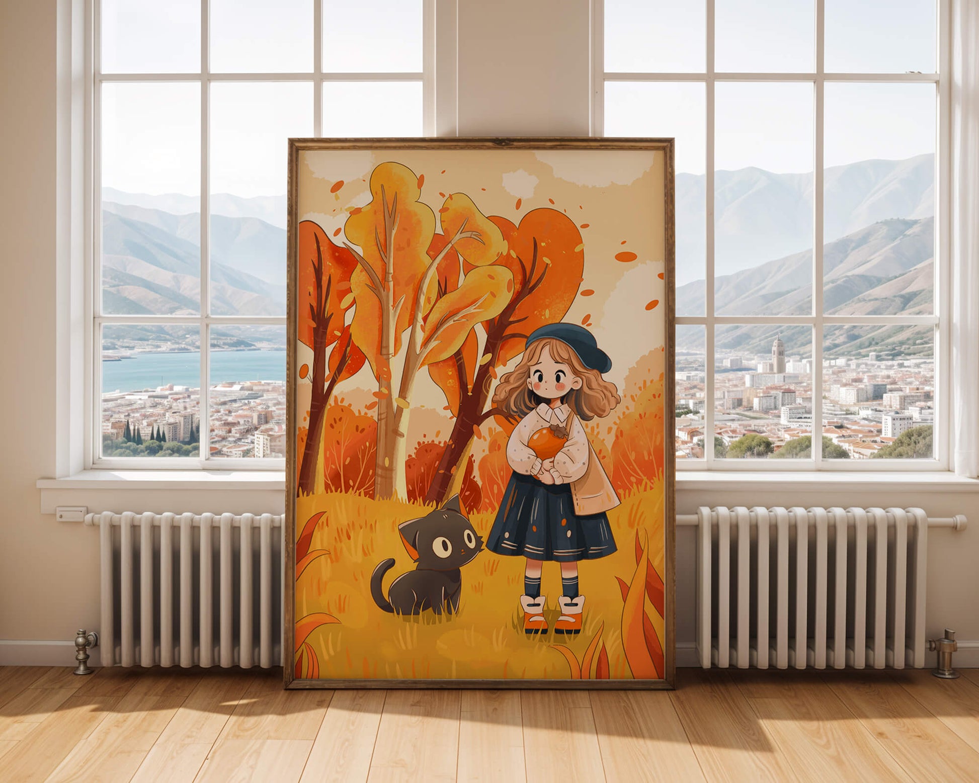 Girl with Cute Cat in Autumn Forest with Colorful Leaves