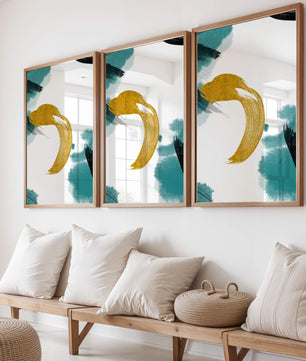 Abstract Gold and Teal Brush Strokes on White Background