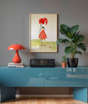Young girl holding large red flower standing in puddle illustration