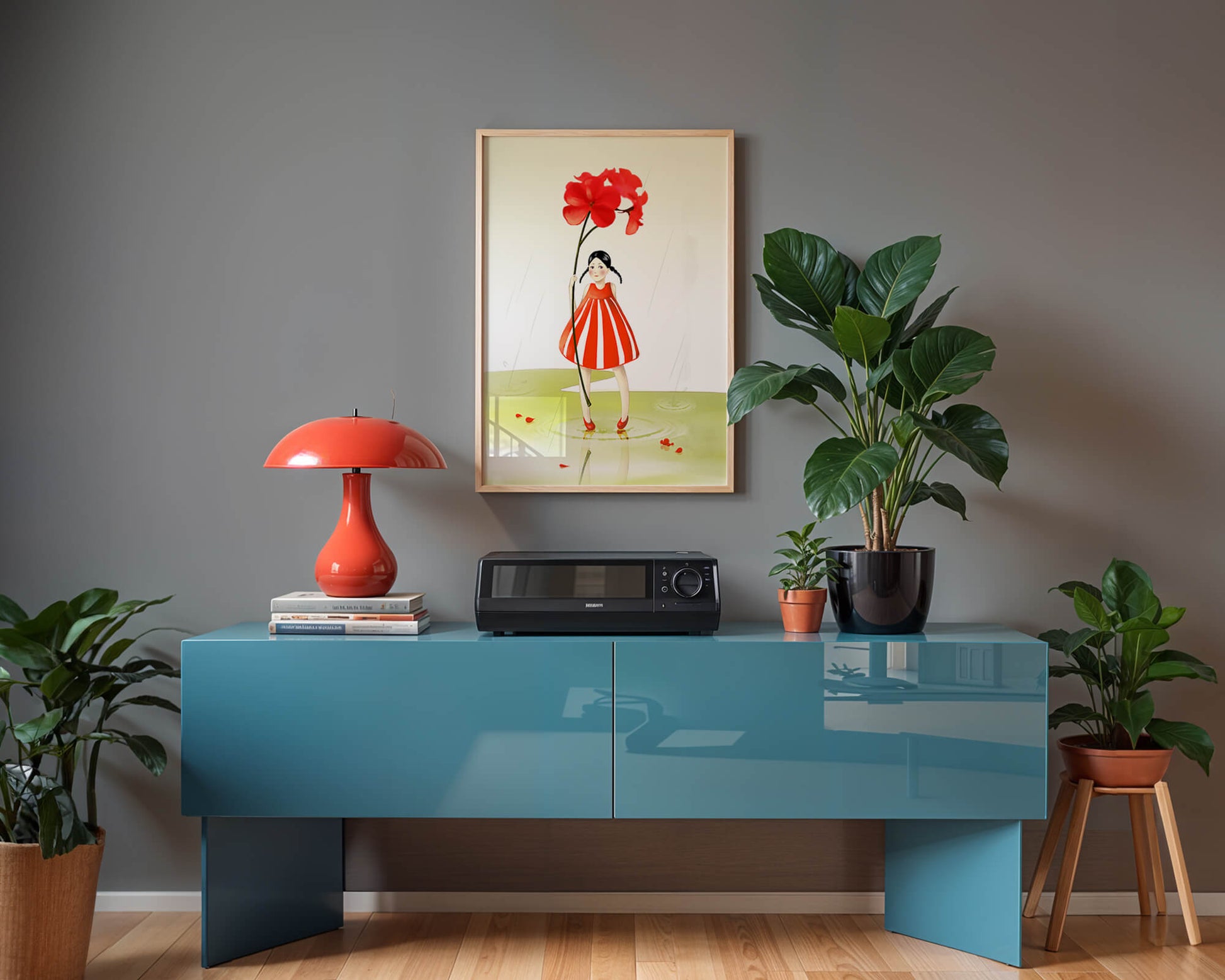 Young girl holding large red flower standing in puddle illustration