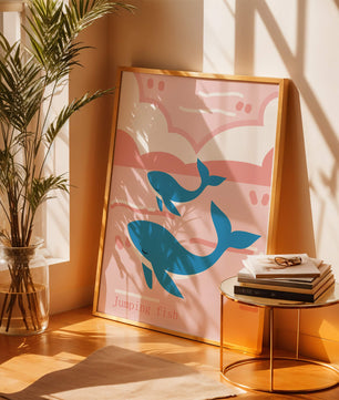 Playful whales illustration in pastel pink and blue