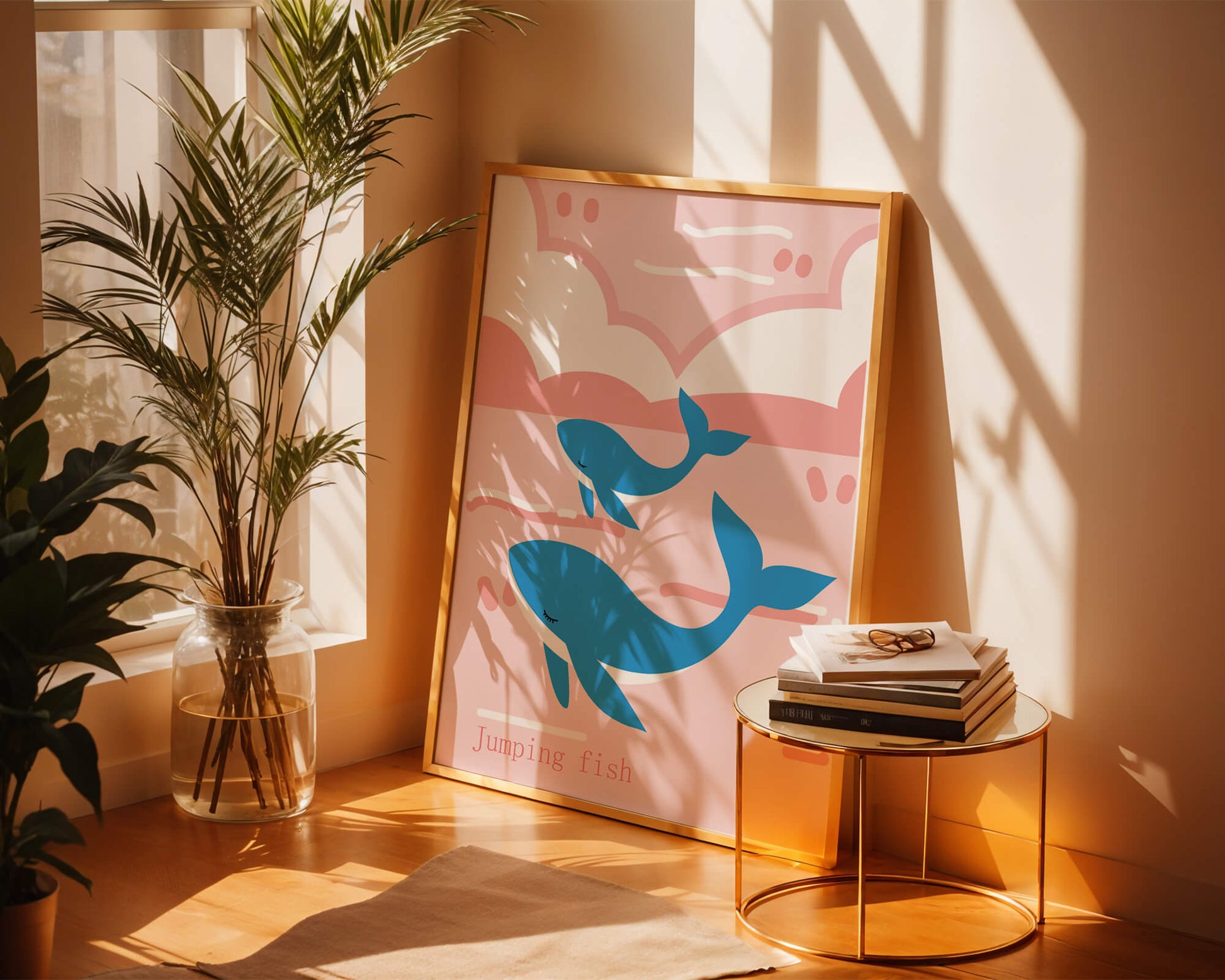 Playful whales illustration in pastel pink and blue