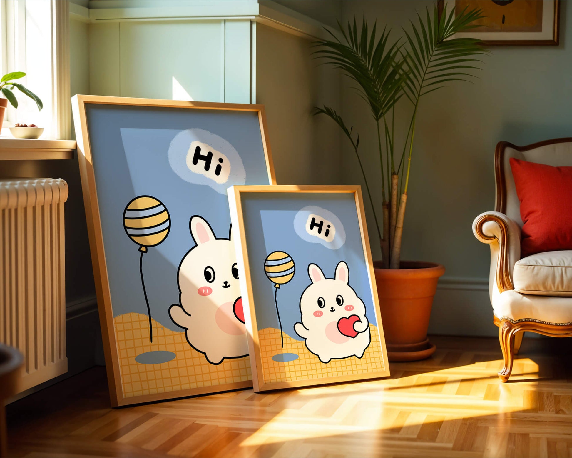 Adorable cartoon bunny with balloon and heart illustration
