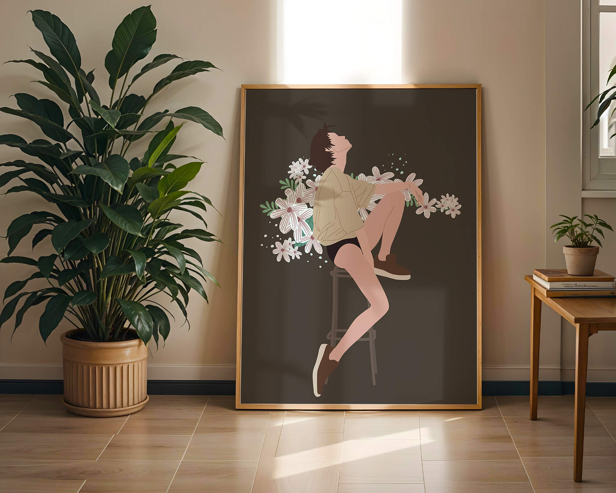 Illustration of a woman sitting on a stool surrounded by flowers