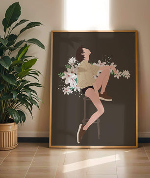 Illustration of a woman sitting on a stool surrounded by flowers