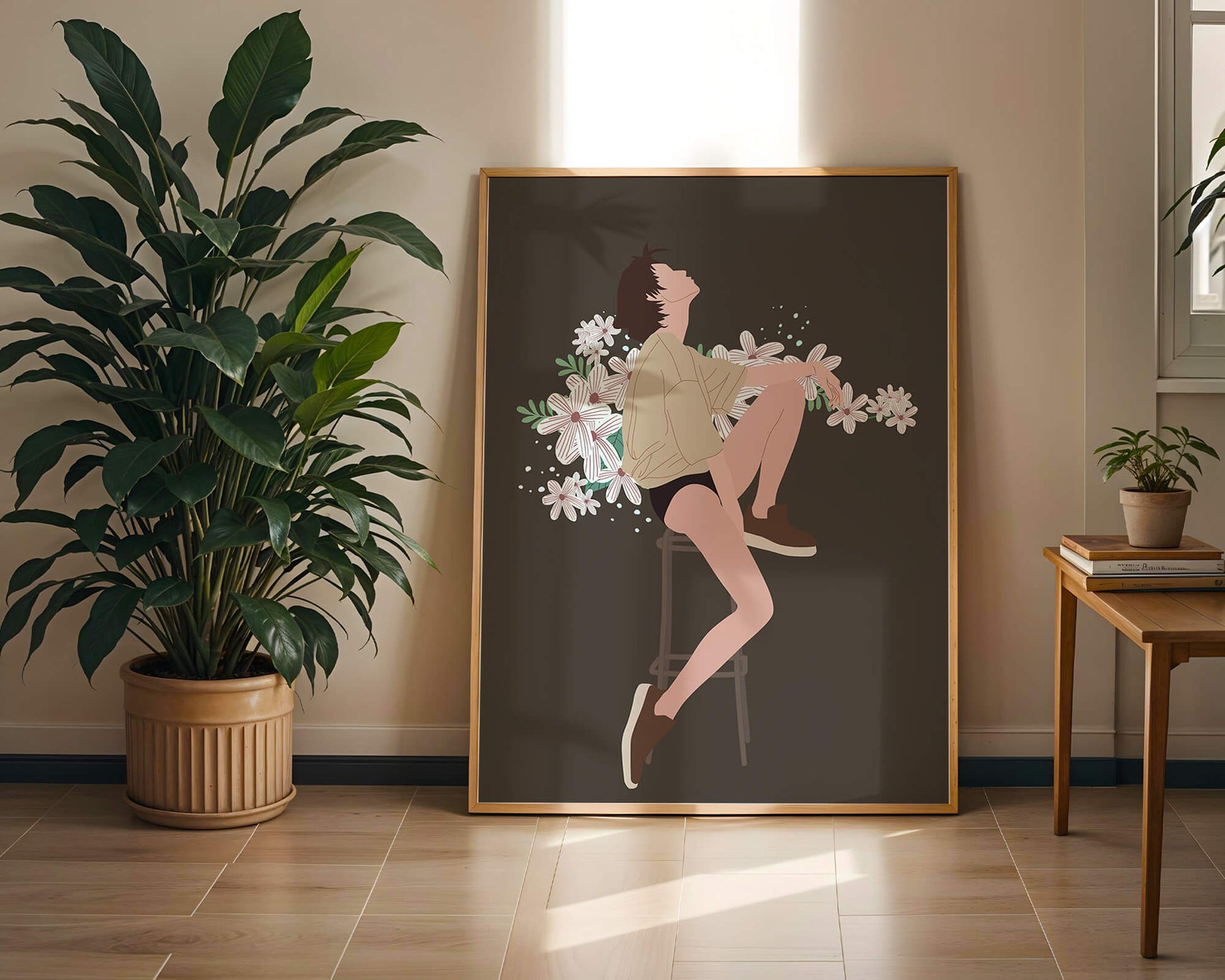 Illustration of a woman sitting on a stool surrounded by flowers