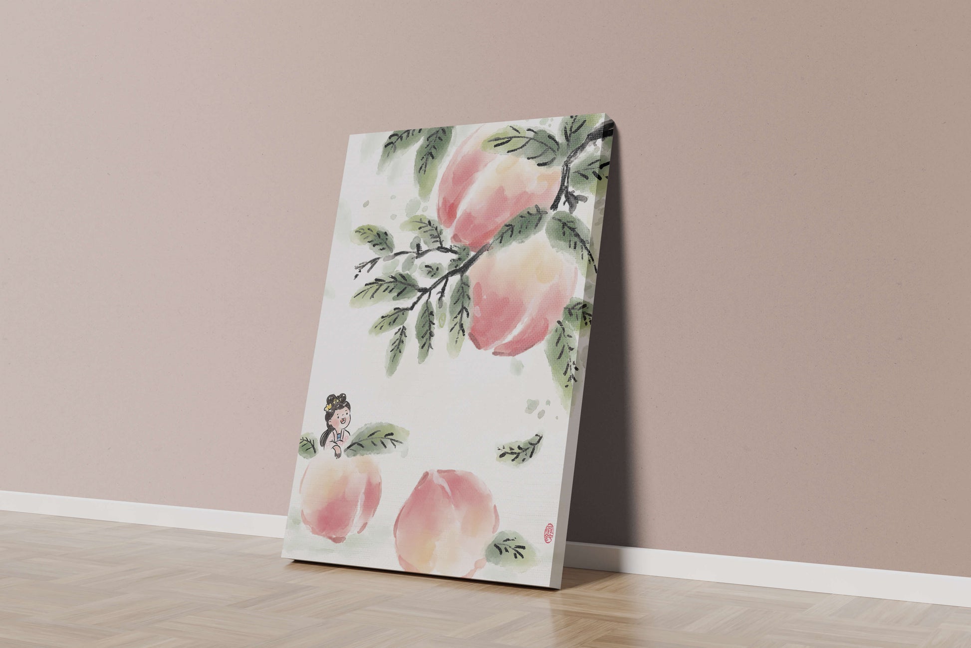 Encantadora ilustración de una chica entre flores de melocotón y hojas verdes