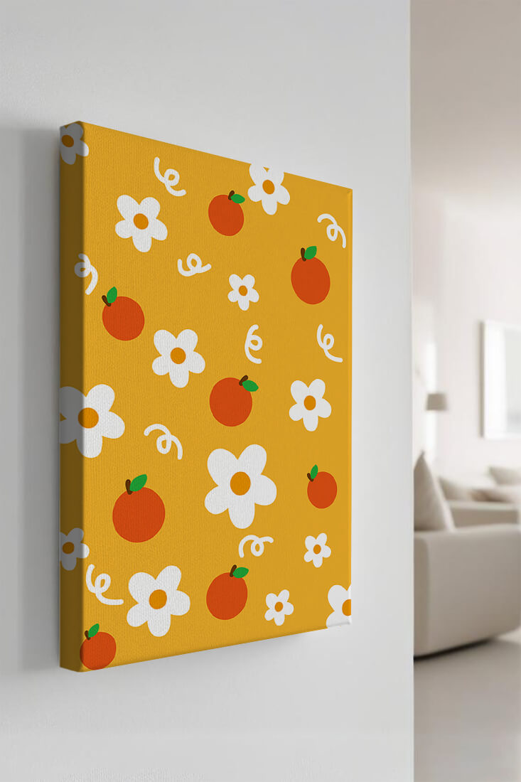 Playful floral and fruity pattern on a vibrant yellow background