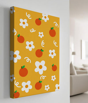 Playful floral and fruity pattern on a vibrant yellow background
