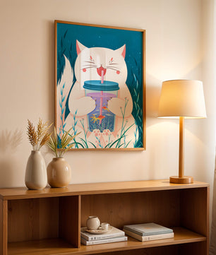 Playful cat with a fish tank tumbler in the underwater scene illustration