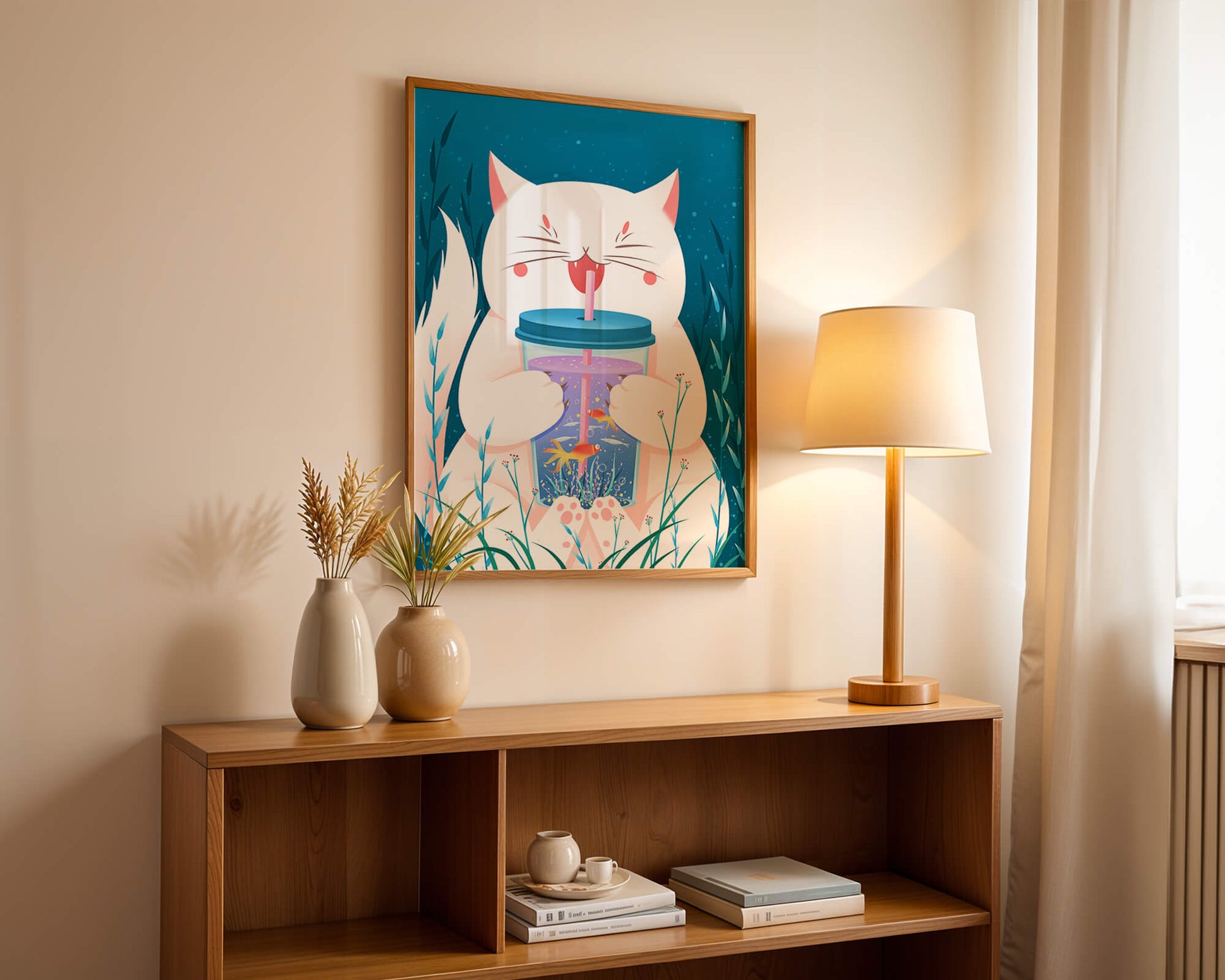Playful cat with a fish tank tumbler in the underwater scene illustration