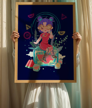 Personnage de dessin animé coloré avec des éléments futuristes
