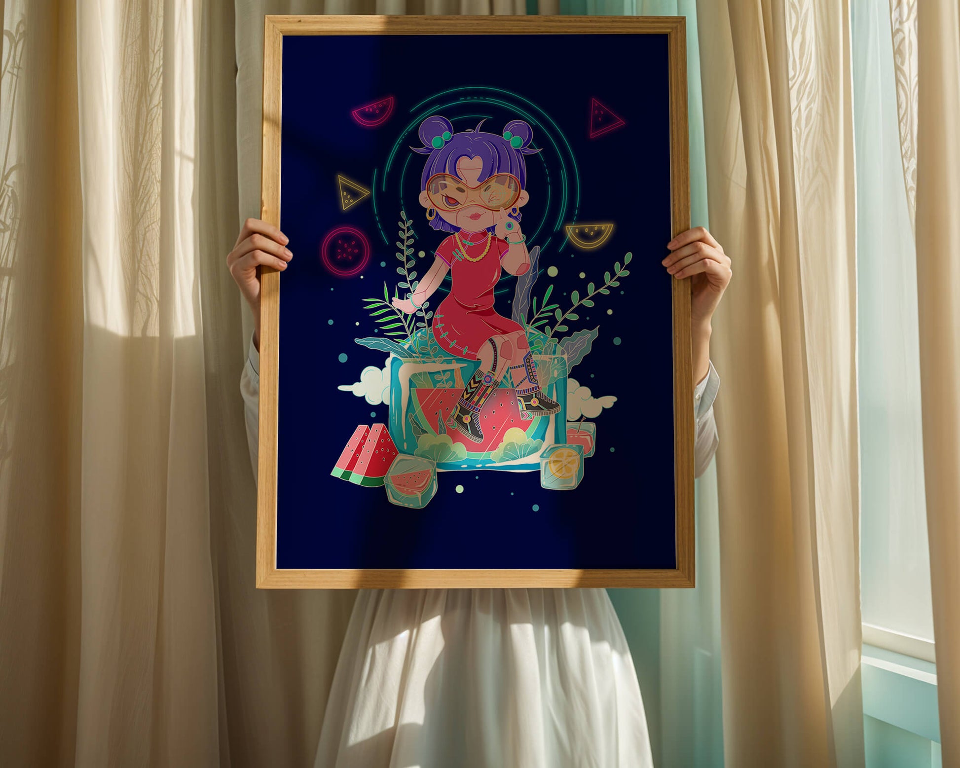 Personnage de dessin animé coloré avec des éléments futuristes