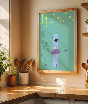 Elegant ballerina illustration with stars on a teal background