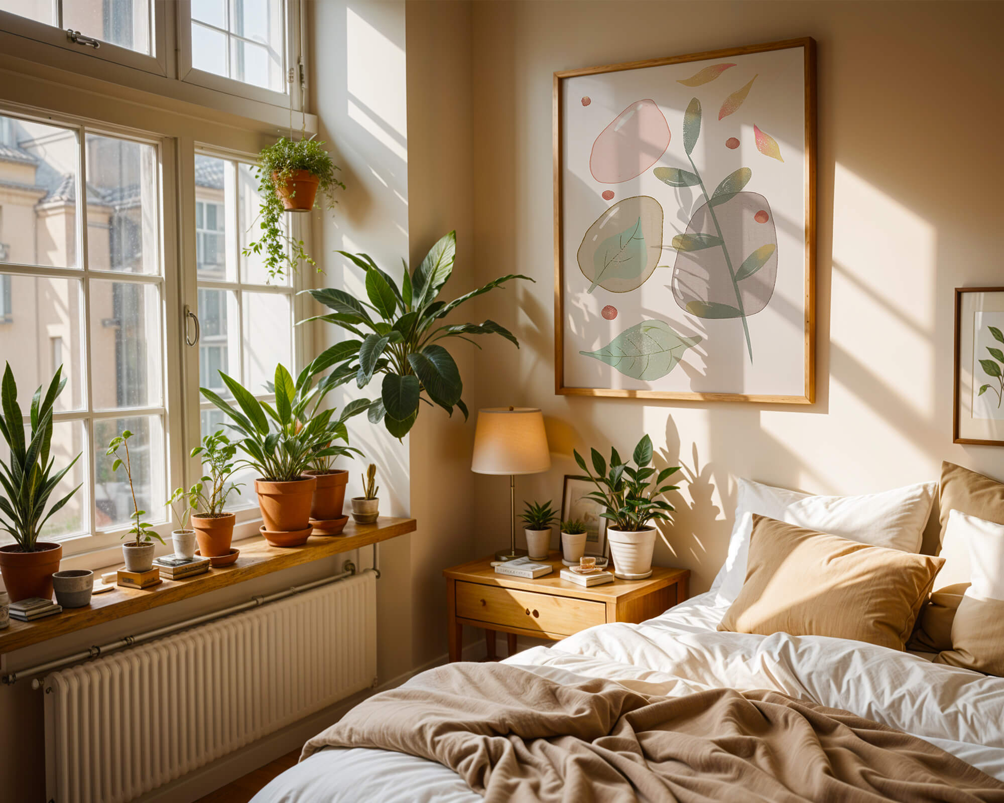 Abstract botanical illustration with pastel colored leaves and shapes