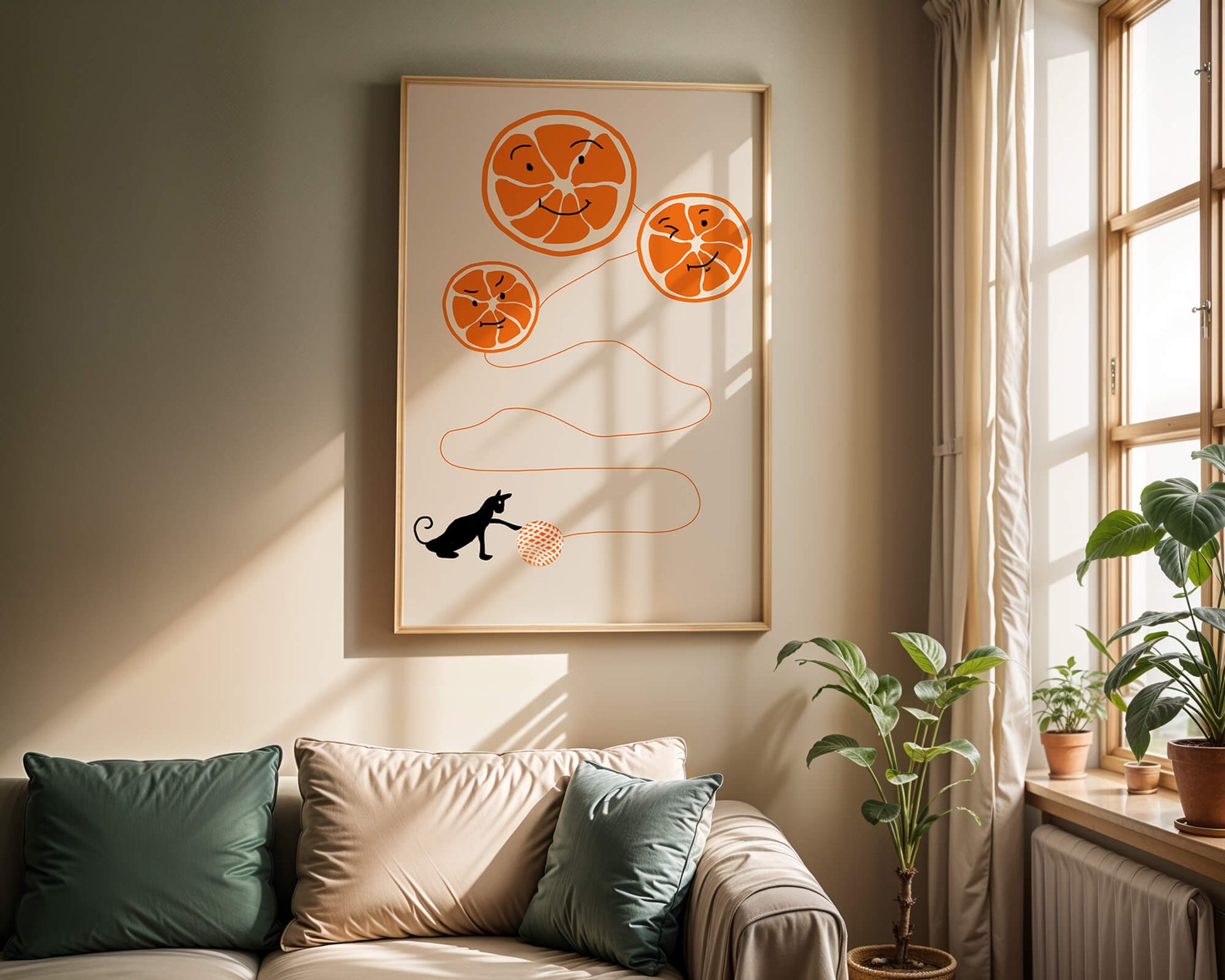 Playful illustration of oranges with cat and yarn