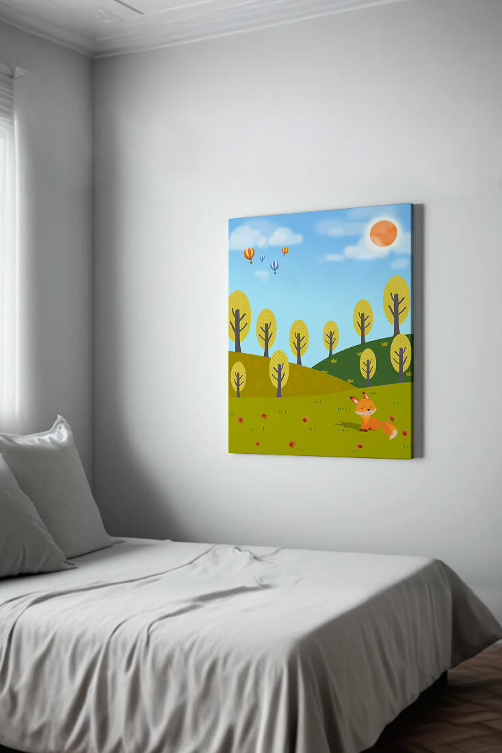 Whimsical landscape with hot air balloons and a fox in autumn scenery