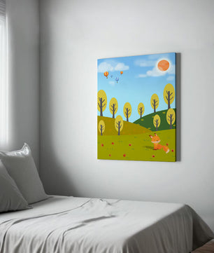 Whimsical landscape with hot air balloons and a fox in autumn scenery
