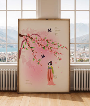 Art chinois traditionnel avec des fleurs de cerisier et une silhouette élégante