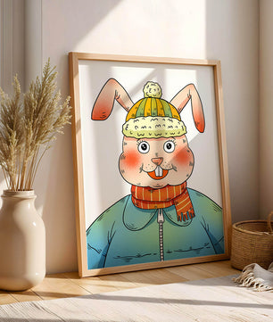 Whimsical cartoon bunny in winter attire with a striped scarf and beanie hat