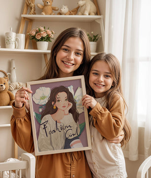 Illustrated fashion girl with floral background and purple theme