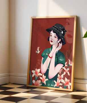 Elegant woman in vintage attire with floral hat and lilies