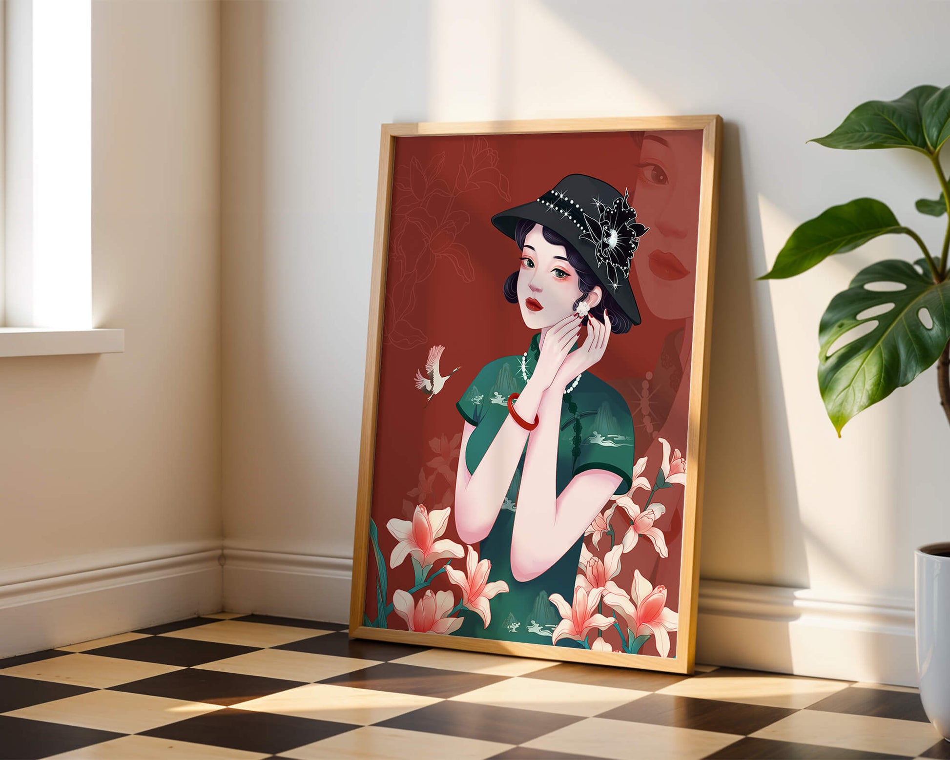 Elegant woman in vintage attire with floral hat and lilies