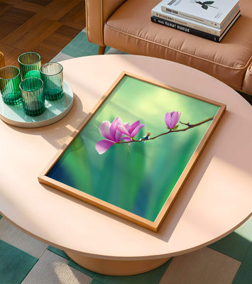 Serene illustration of magnolia flowers with a small figure in a hat