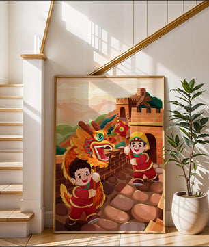 Children celebrating with dragon dance at the Great Wall
