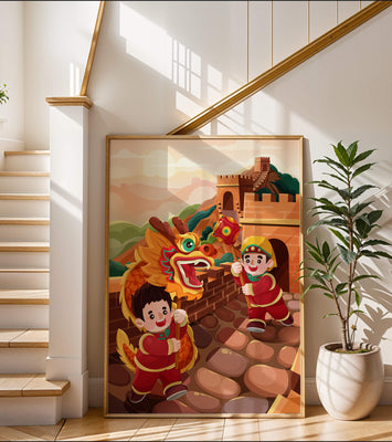 Children celebrating with dragon dance at the Great Wall